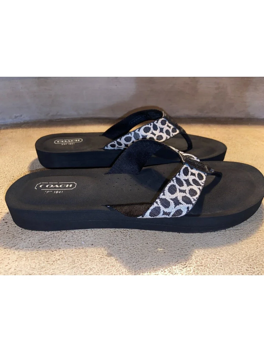 COACH Jessalyn Women's Black Signature C Jacquard Wedge Thong Flip Flop Sandals